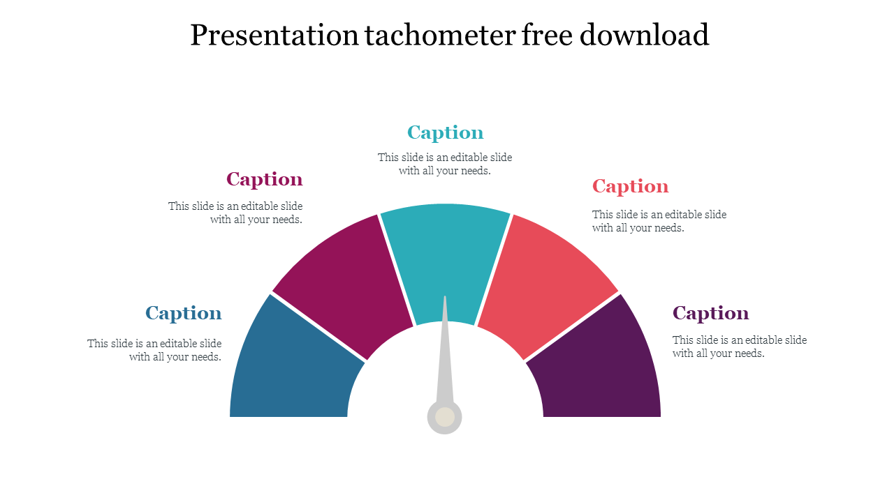 A tachometer graphic for PowerPoint, featuring different colored sections and text placeholders.