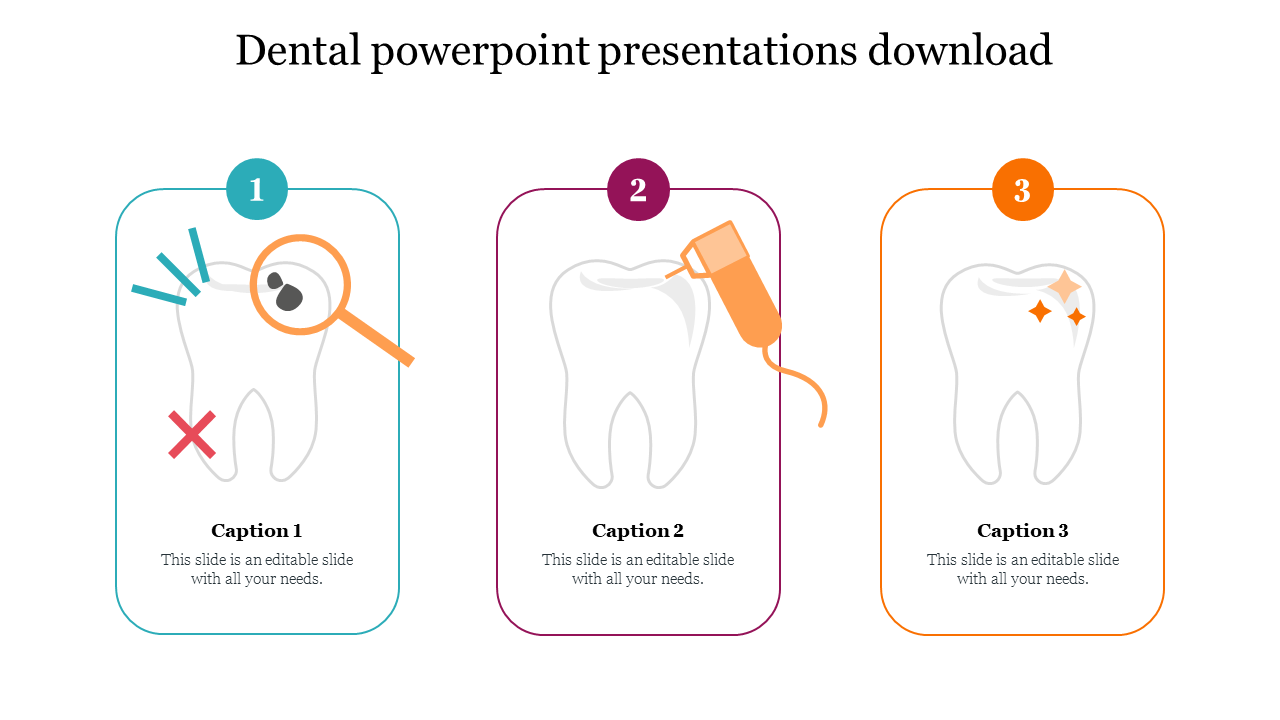 Dental slide with three stages showing tooth inspection, cleaning, and polishing in numbered frames with icons.