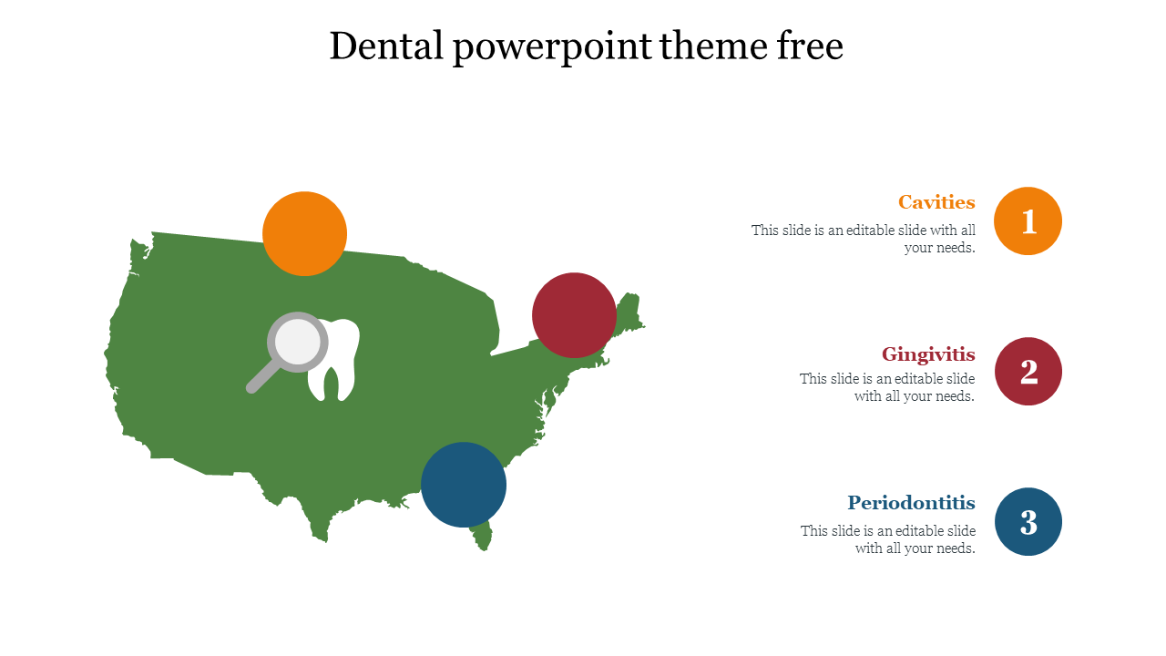 Green map with three colored markers and a tooth icon, linking to labeled dental conditions in orange, red, and blue.