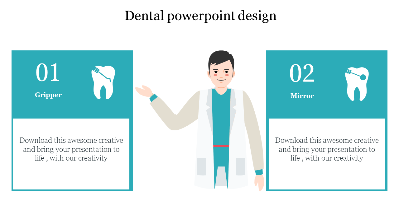 Dental PowerPoint slide featuring two tools, a gripper, and a mirror, with corresponding text boxes on a white backdrop.