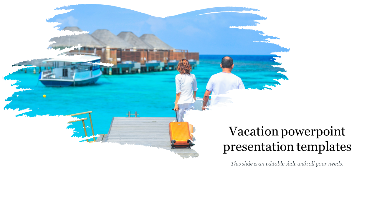 Slide design featuring a scenic vacation backdrop with a couple walking toward the ocean and placeholder text.