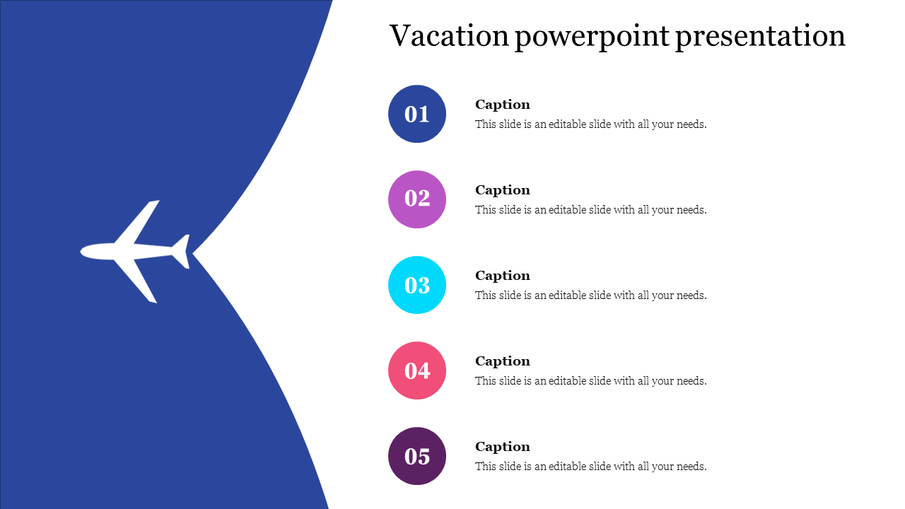 Vacation themed PowerPoint slide with numbered sections and an airplane icon with captions on a split backdrop.