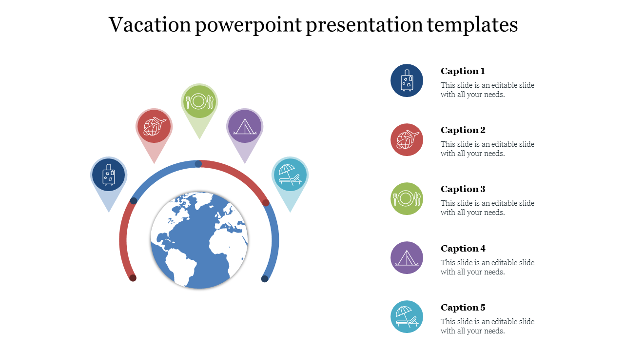 Global map illustration with five colored travel icons above and matching captions arranged vertically.