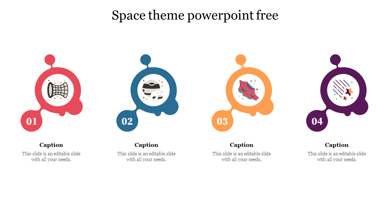 Space themed slide featuring four icons representing space concepts, with captions for each section.