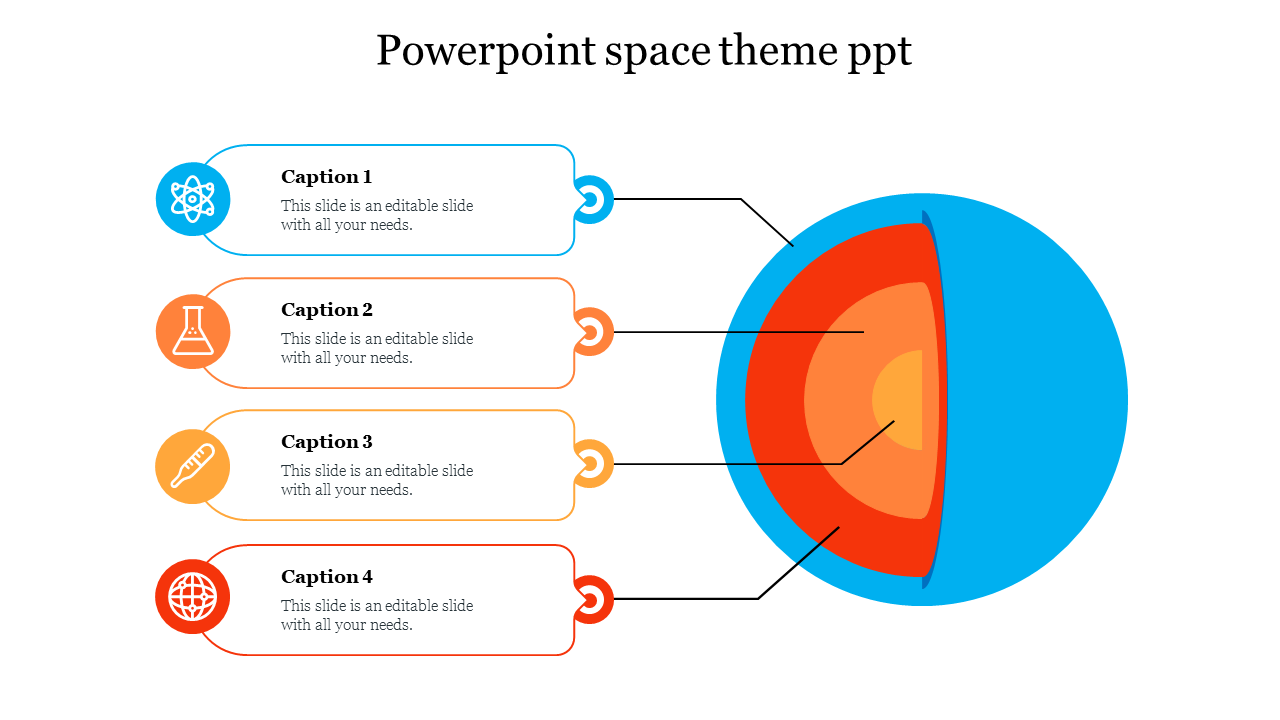 Space themed PowerPoint slide with icons and a colorful circular diagram with captions on a white backdrop.