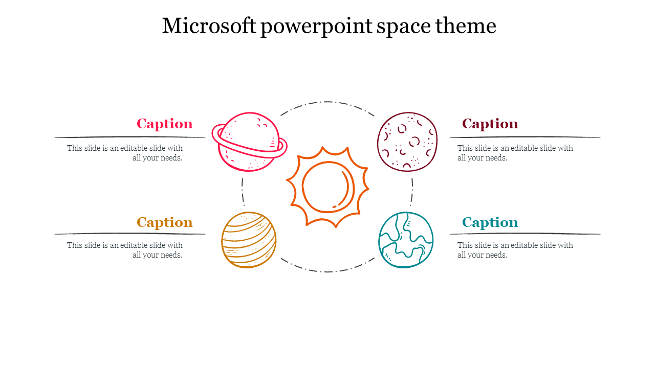 Space themed Microsoft PowerPoint template with planets and the sun, each with caption spaces and icons.