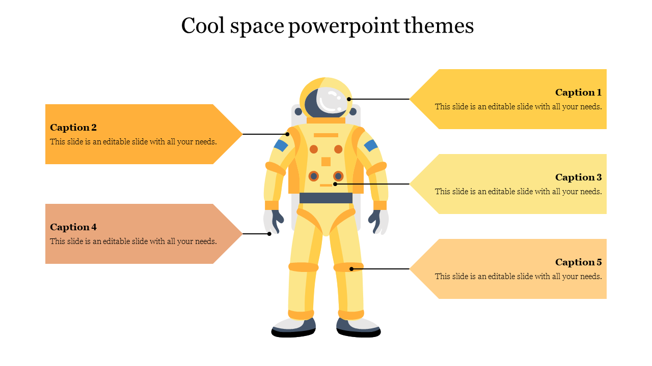 Cool colorful Space theme slide with an astronaut illustration and captions.