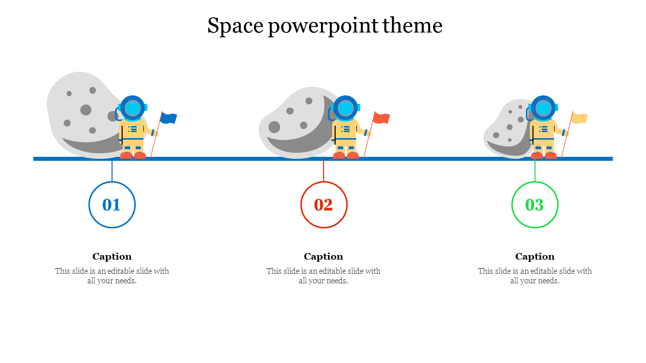 Space themed PowerPoint slide featuring an astronaut with flags on a rock with captions on a white backdrop.