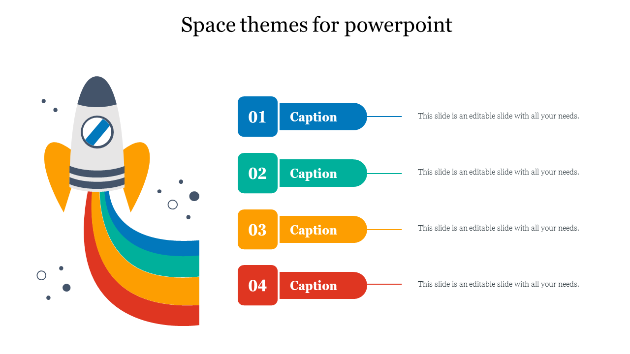 Rocket graphic with rainbow trail on the left linked with four numbered captions in colored tabs on the right.