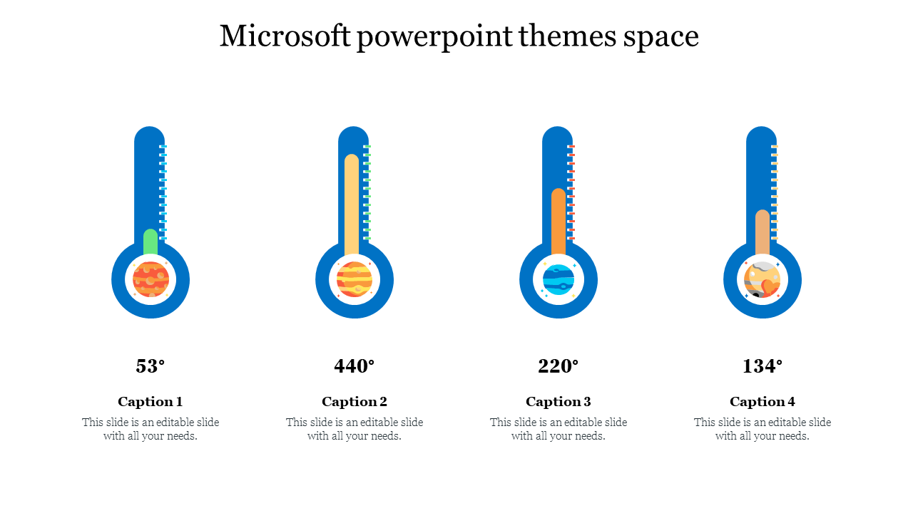 Four thermometers displaying different temperatures with planet icons inside, representing space theme.