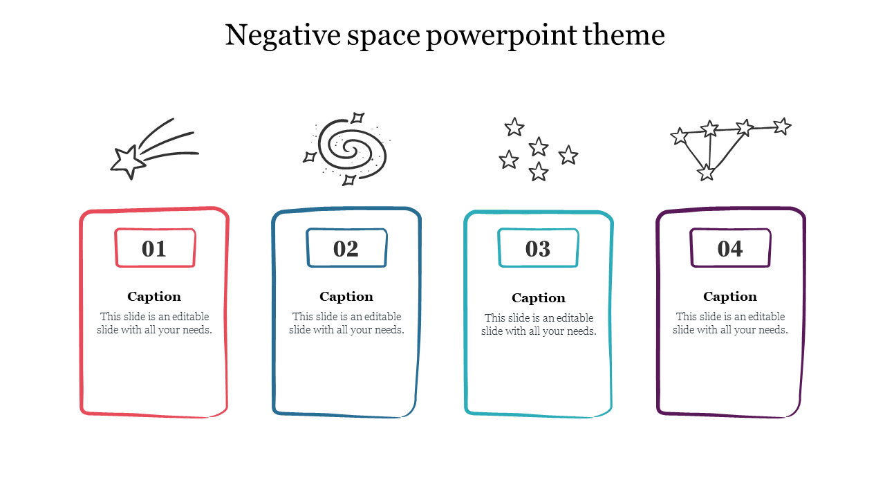 Negative space PowerPoint template with four labeled boxes featuring illustrations of stars, constellations, and a comet.