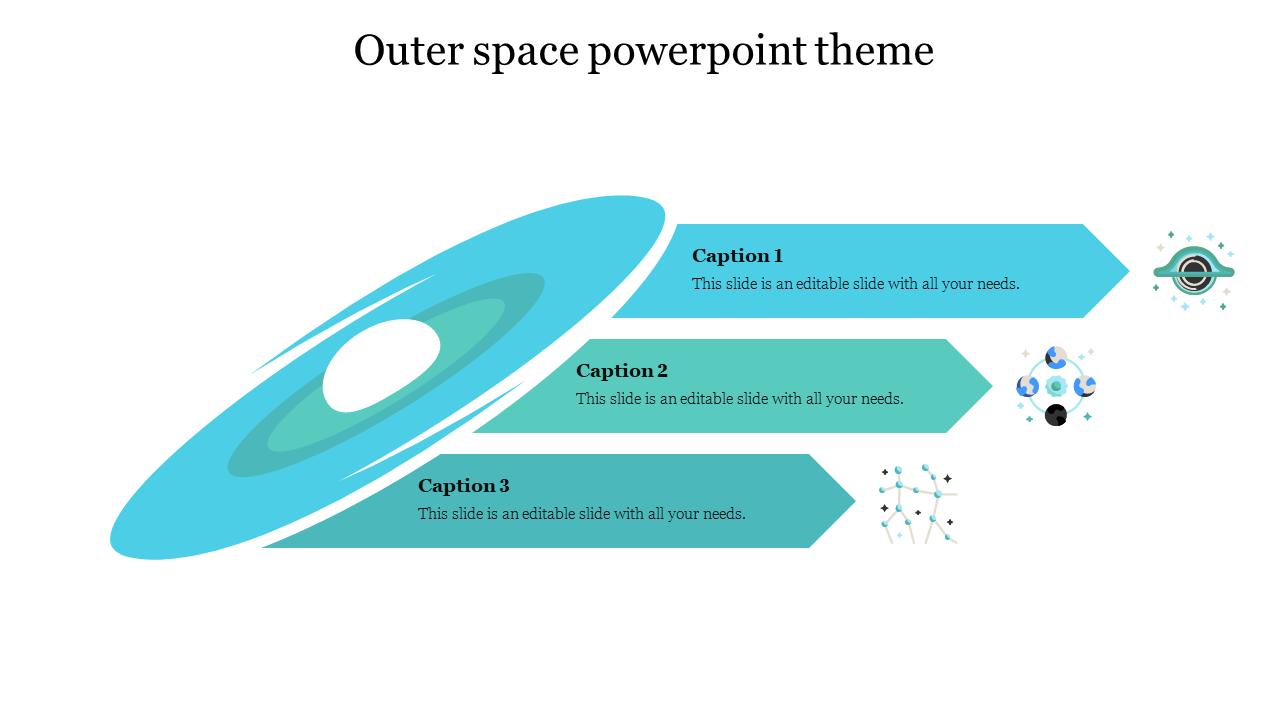 Outer space theme featuring a galaxy illustration alongside arrow-shaped captions with planetary and constellation icons.