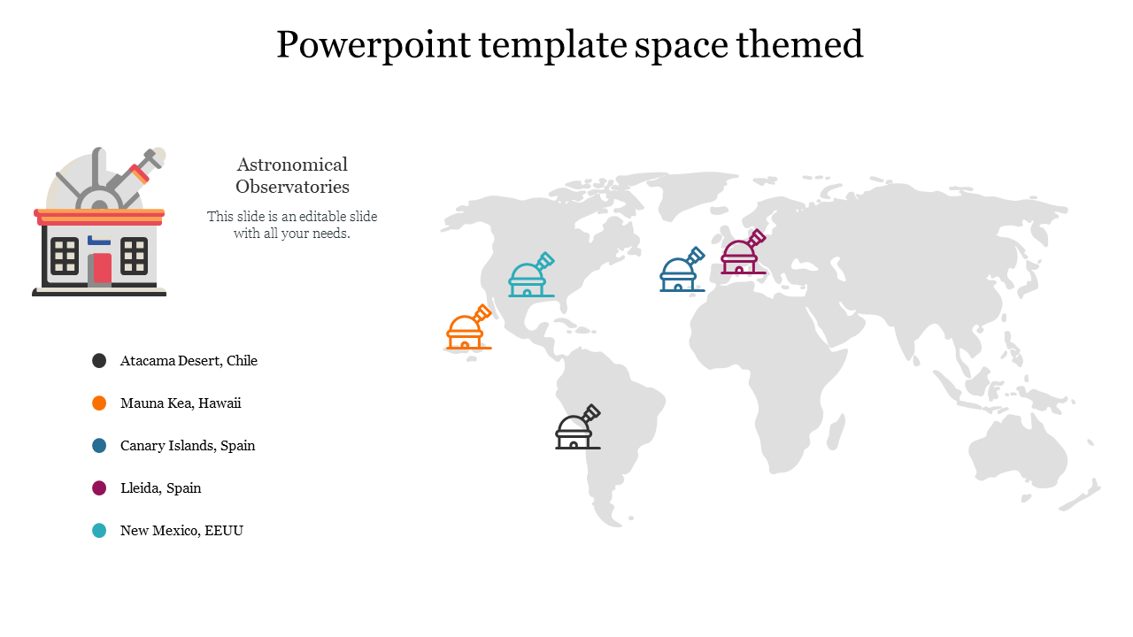 Space themed PowerPoint slide with observatories mapped across the globe on a white backdrop.