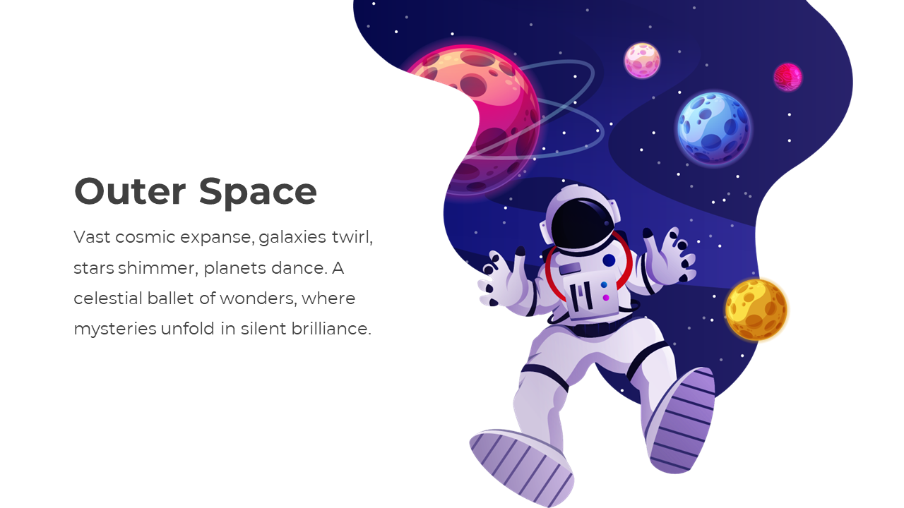 Cosmic themed slide with an astronaut floating near planets and stars, paired with text describing the wonders of space.