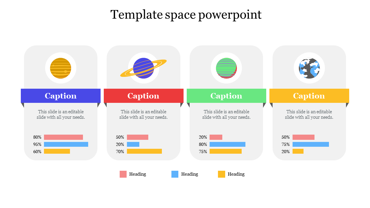 Space slide with four rectangles in blue, red, green, and yellow, each with a planet icon and colored bar graphs below.