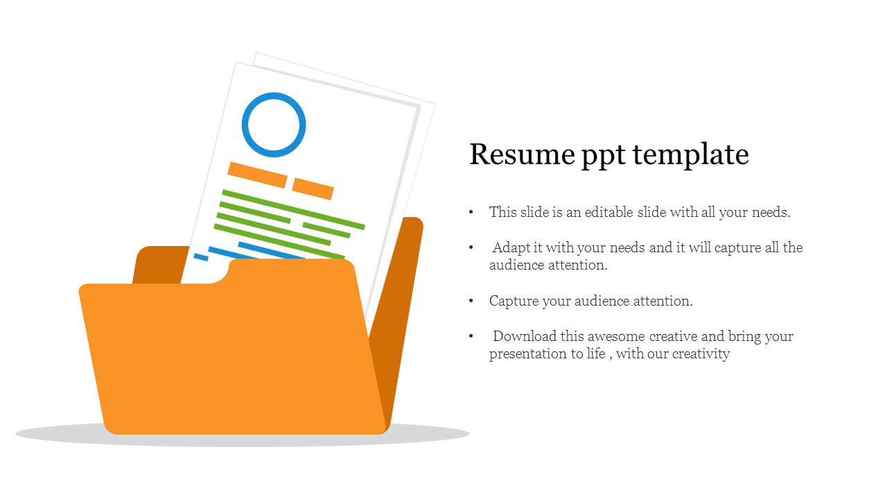 A resume PowerPoint template featuring a document folder with a resume sheet and colorful text on a white backdrop.