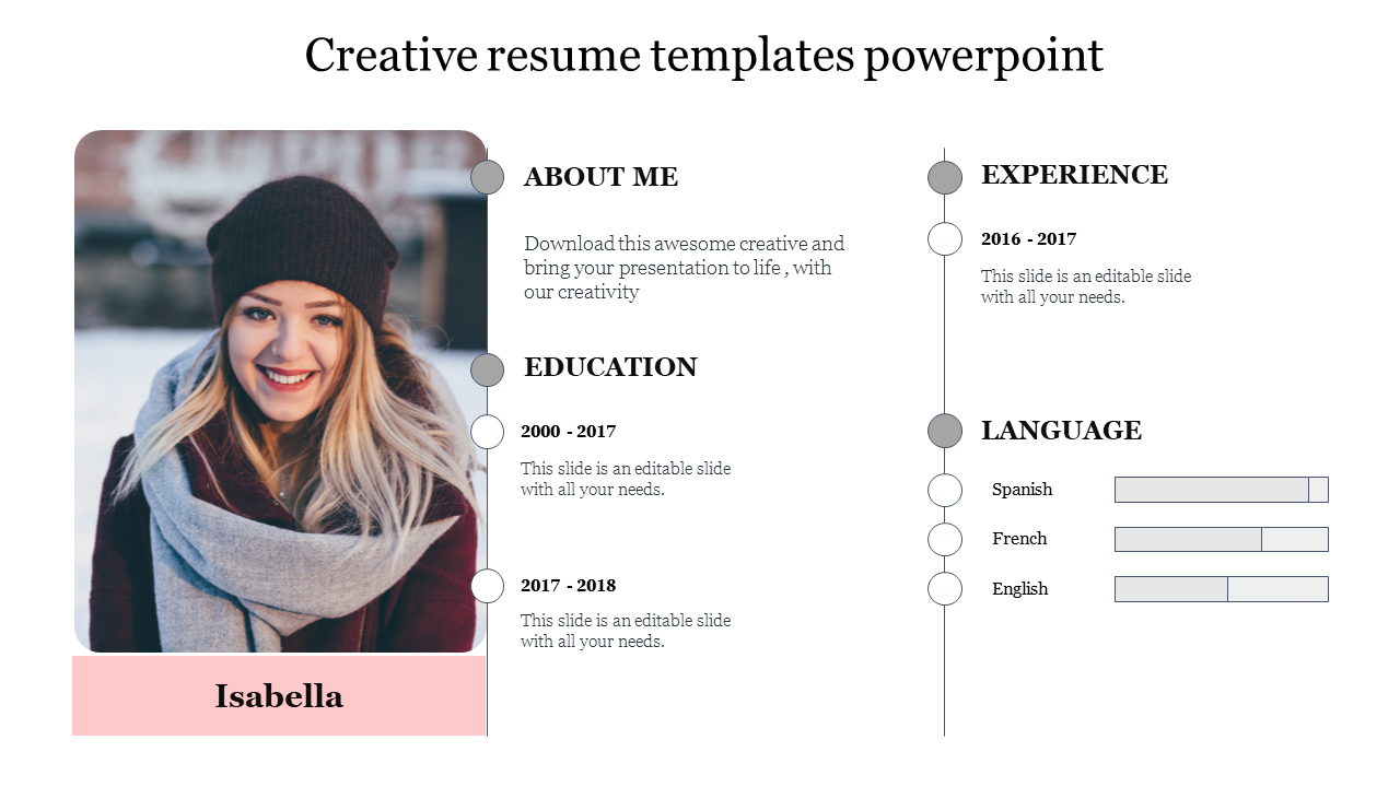 Resume template featuring a photo, descriptive sections, and visualized language skill bars for Spanish, French, and English.