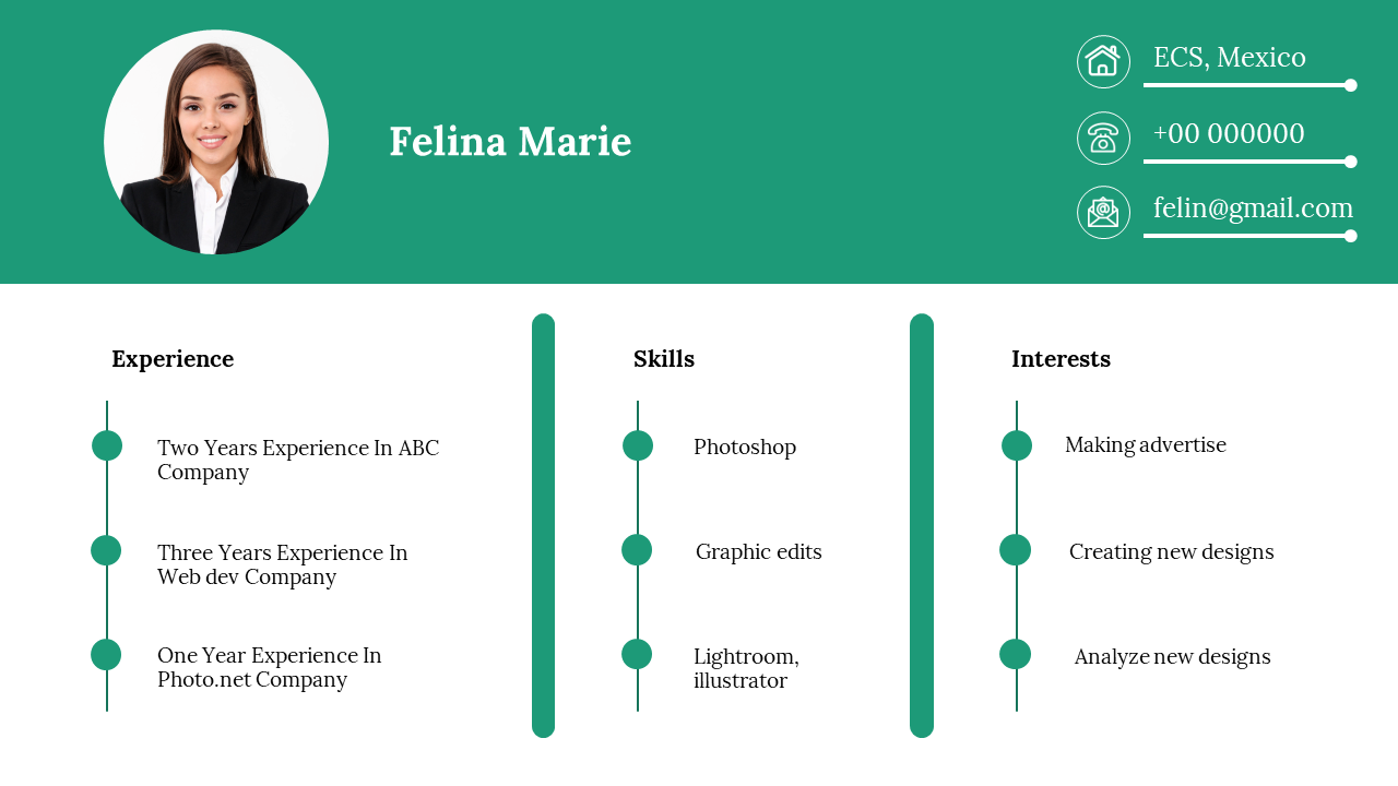 Slide with a green header showing a profile picture, name, and contact info and three columns, each with green dots.