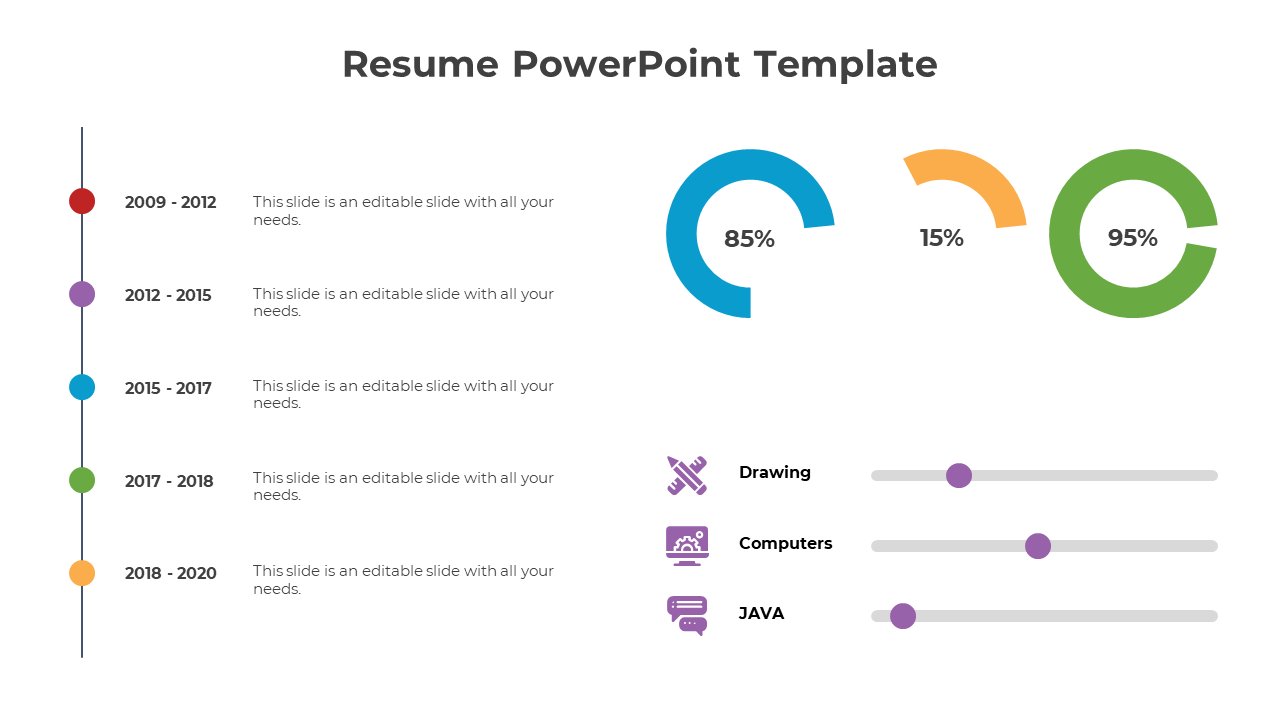 Resume layout featuring a vertical line with colorful dots, three circular progress charts, and purple skill level bars.