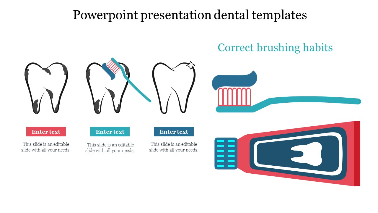 Dental template with three tooth illustrations, brushing steps, and a toothpaste with a toothbrush.