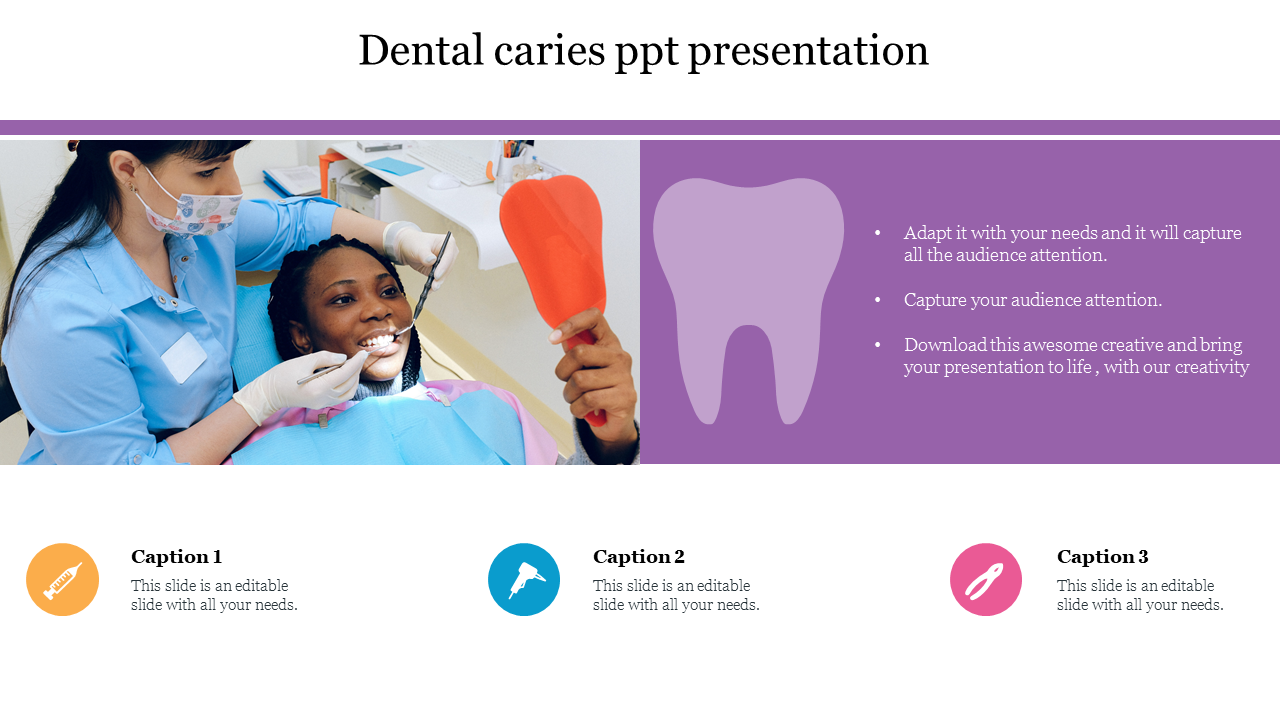 A dental professional attends to a patient in a dental chair, showcasing a dental caries slide design with colorful captions.