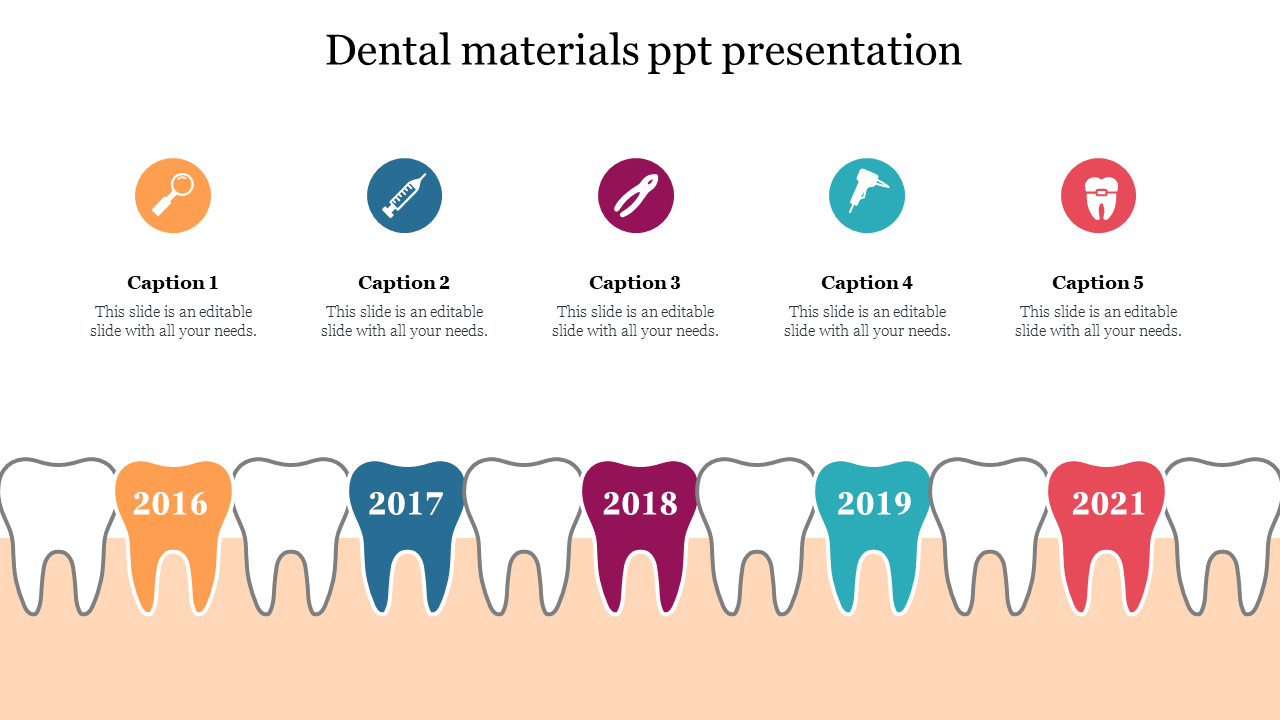 Dental timeline with five colored teeth labeled 2016 to 2021, icons representing dental tools, and caption placeholders above.