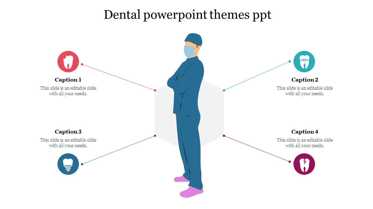 A dental themed PowerPoint slide with an illustration of a dentist and icons representing dental care with captions.