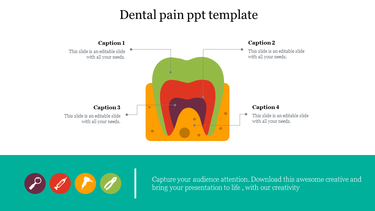 Tooth cross-section in green, red, and yellow with labeled captions, and a green footer with dental icons and text.