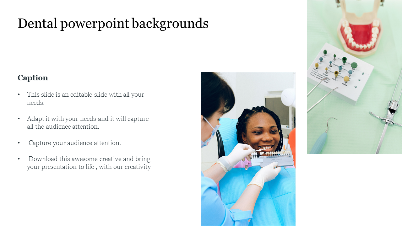 Slide with a left aligned text section and two panel images of dental consultation and tools on a green background.