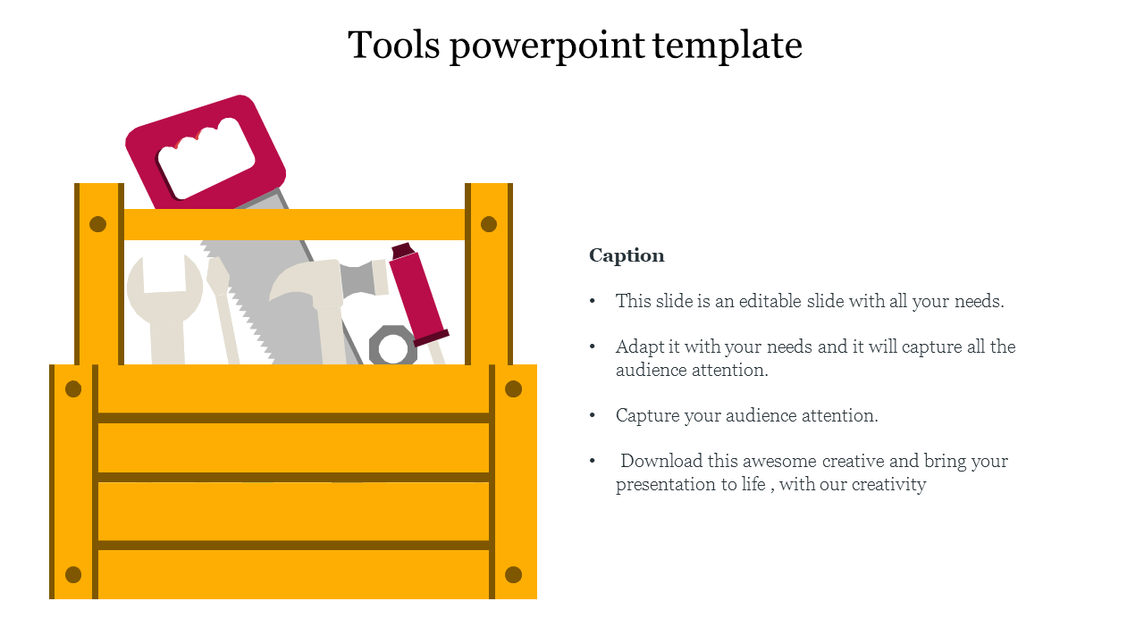 Illustration of a yellow toolbox filled with various tools, placed on the left, with descriptive text on the right.