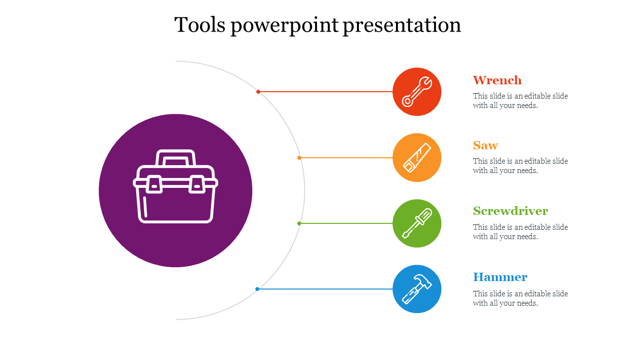 A PowerPoint slide shows a toolbox icon with tools such as a wrench, saw, screwdriver, and hammer on a white backdrop.