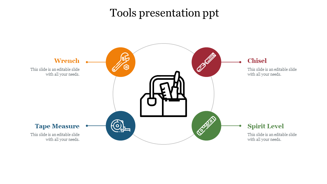 Tools slide featuring colorful icons of a wrench, chisel, tape measure, and spirit level, with text placeholders.