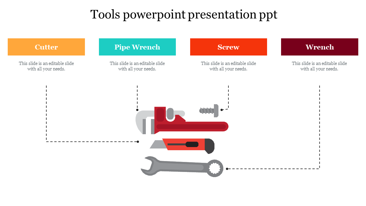 Slide with four tool illustrations at the bottom, each linked by dashed lines to labels in orange, teal, red, and maroon.