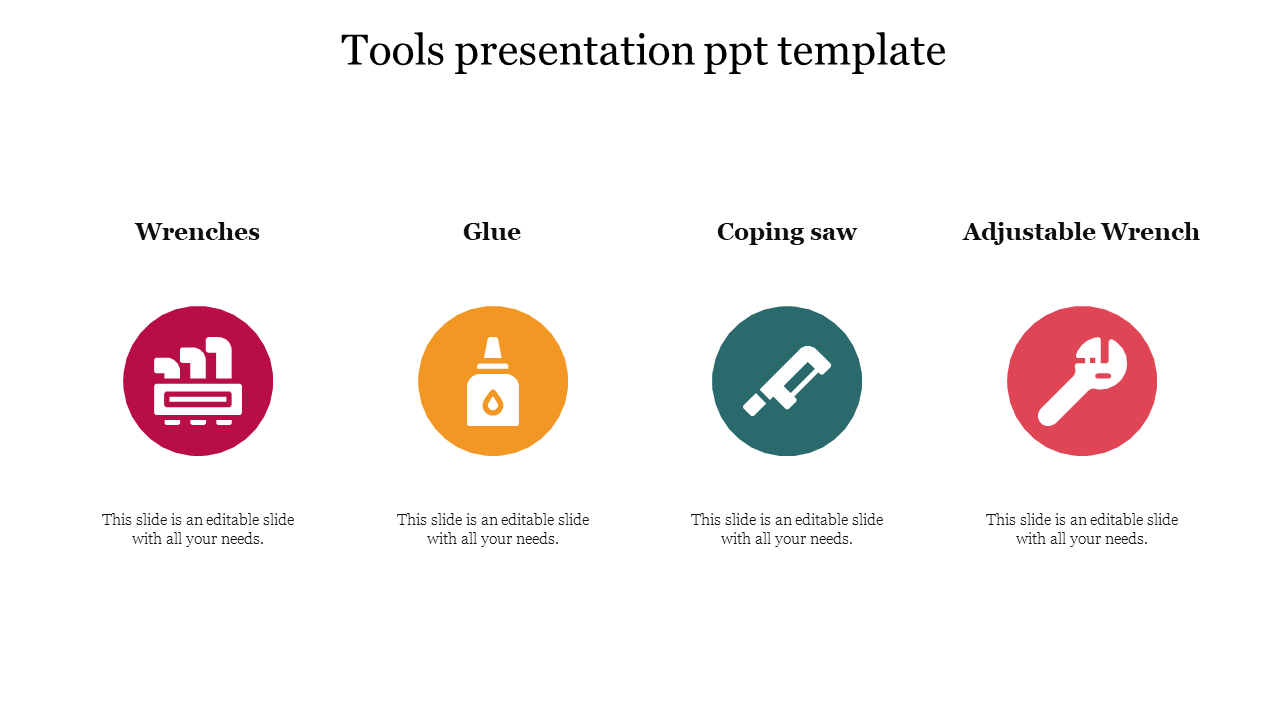 Tools PowerPoint template showing icons of wrenches, glue bottle, coping saw, and adjustable wrench on a white backdrop.