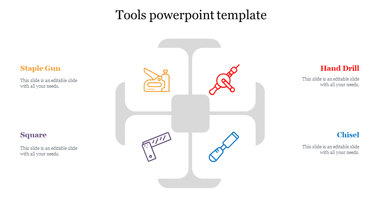 Illustration of four tools staple gun, hand drill, square, and chisel, arranged around a central cross.