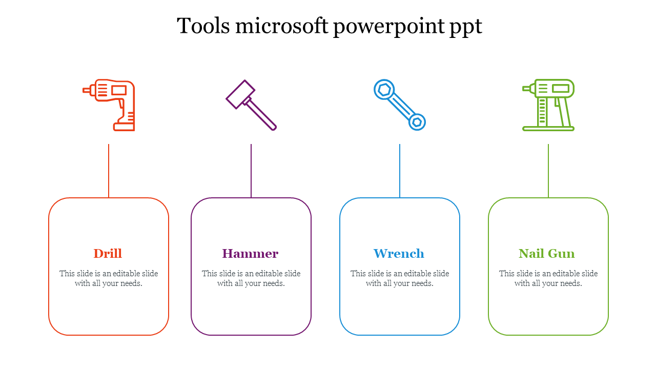 Minimalist tool-themed slide showing colorful icons for drill, hammer, wrench, and nail gun with caption areas.