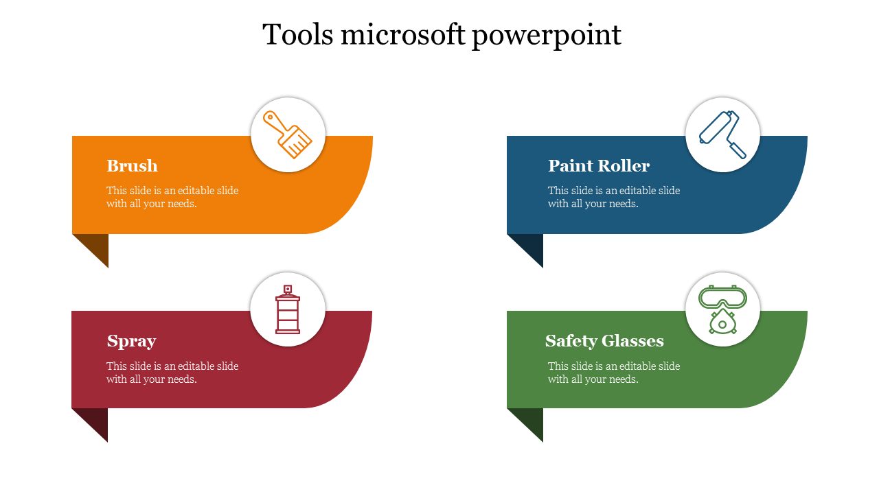 Tool-themed slide layout with orange, blue, red, and green sections for brush, paint roller, spray, and safety glasses.