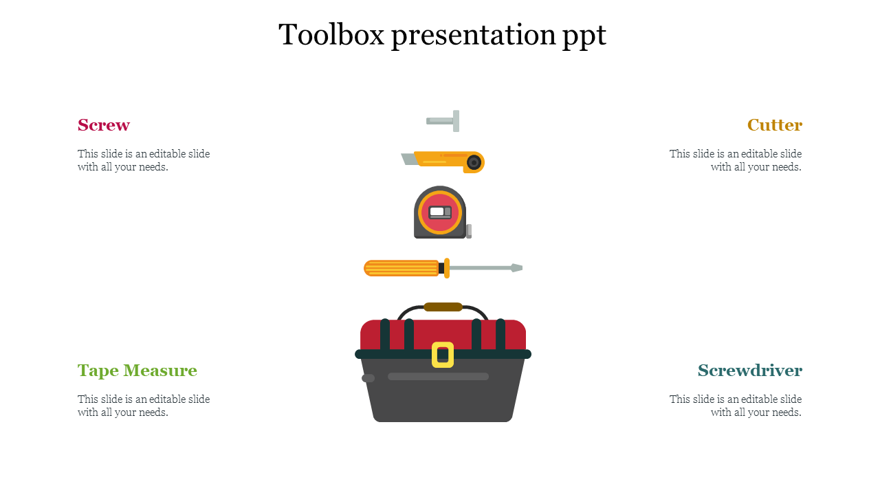 PowerPoint slide with illustrations of a toolbox, screw, tape measure, cutter, and screwdriver with placeholder text.