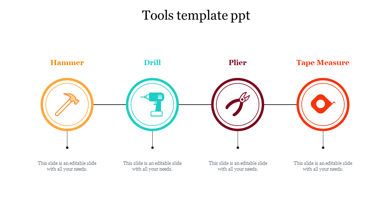 Horizontal line with four circular icons in orange, teal, maroon, and red, each representing a different tool.