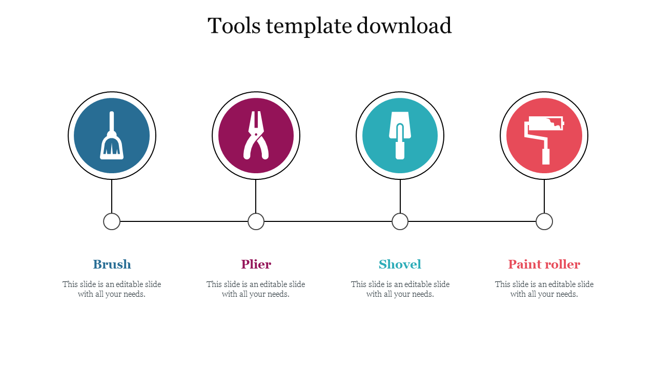 Four evenly spaced circles with tool icons in blue, maroon, teal, and red, connected by a horizontal line with text below.