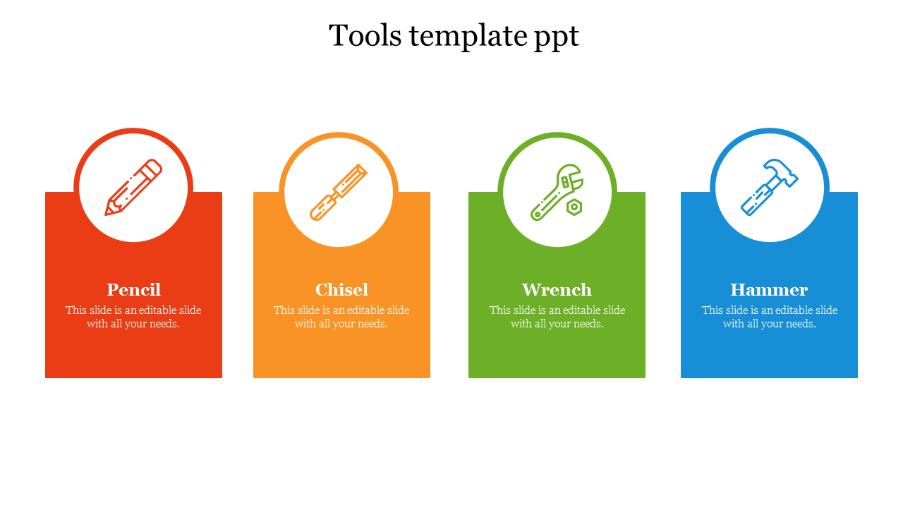 Four rectangular boxes in red, orange, green, and blue, each displaying tool icons in circles on the top.