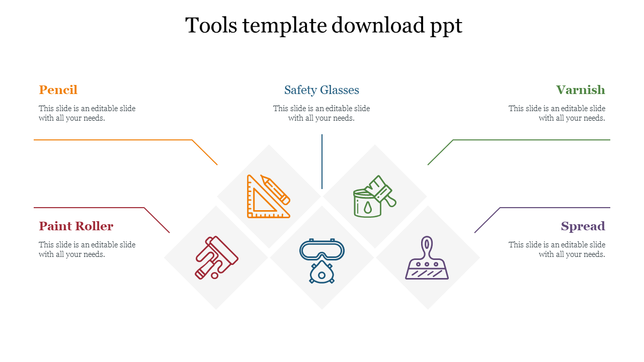 Tools PPT template featuring colorful icons for pencil, safety glasses, varnish, paint roller, and spread with text area.