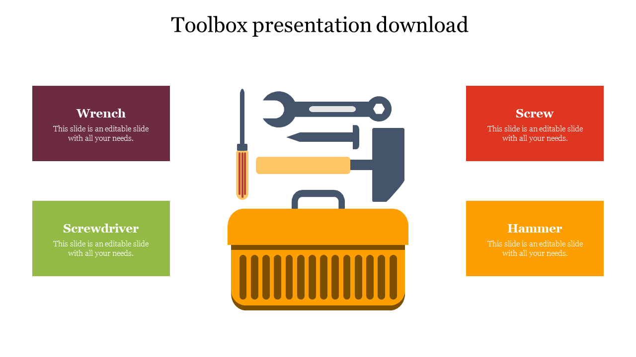 Toolbox image at the center with wrench, screwdriver, screw, and hammer icons with four colorful boxes around it.