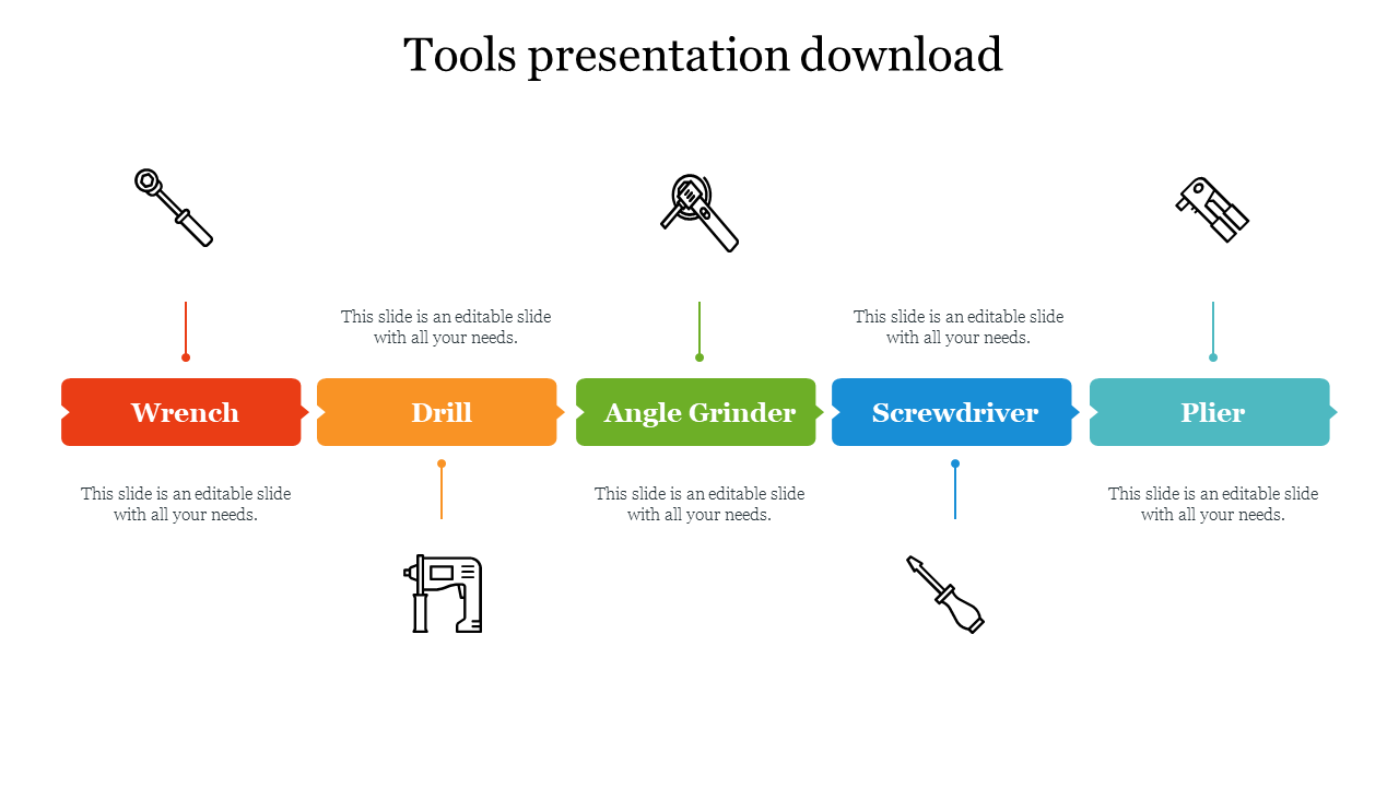 Tools themed slide with five labeled sections in red, orange, green, blue, and teal, each linked to an icon and caption.