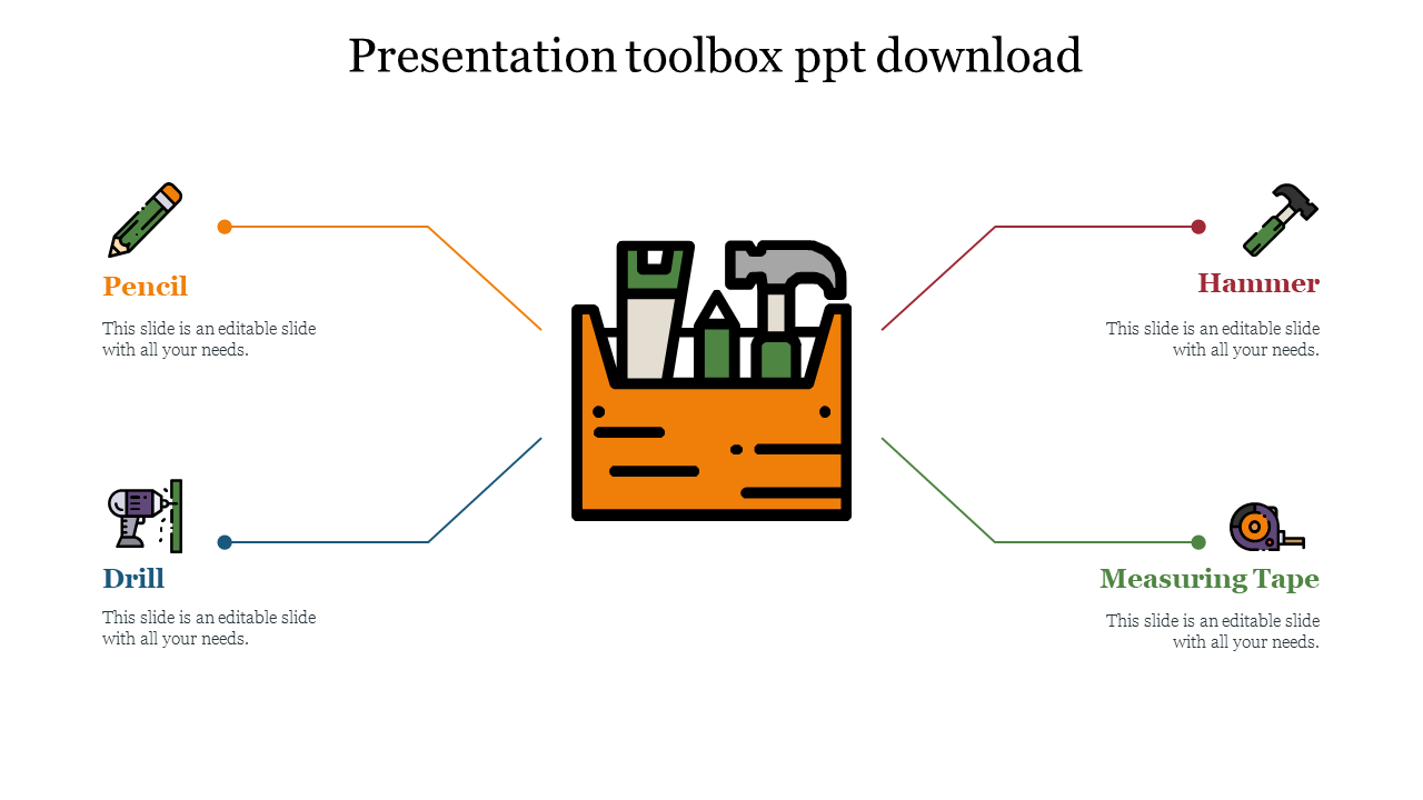 Toolbox illustration in the center, surrounded by four tool icons with text connected by colored lines.