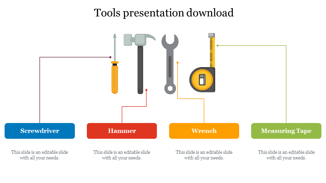 PPT slide featuring tool icons for screwdriver, hammer, wrench, and measuring tape with placeholder text on a white backdrop.