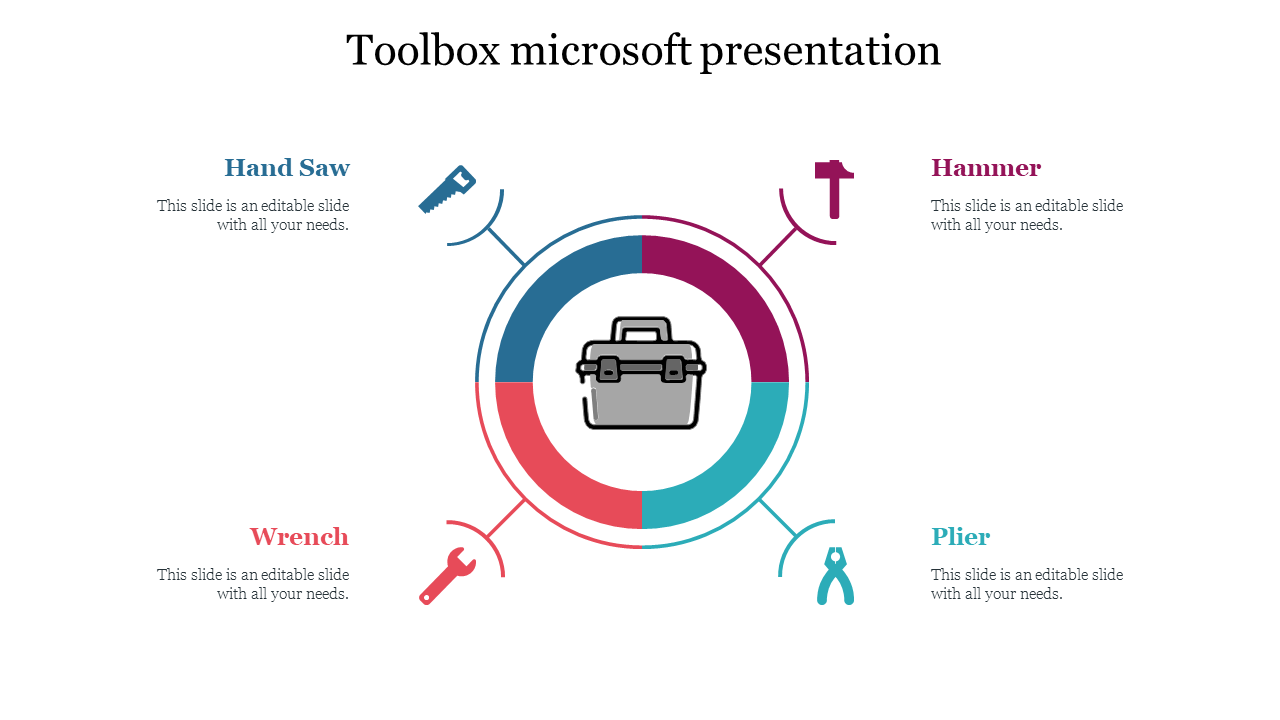 PowerPoint slide featuring a toolbox with surrounding icons for hand saw, hammer, wrench, and plier with placeholder text.