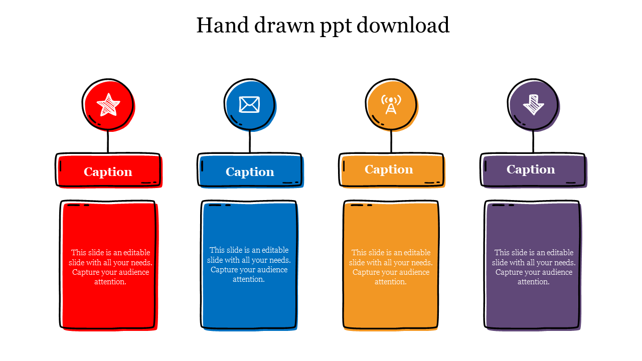 Hand drawn slide with four vertical sections in red, blue, yellow, and purple, each with an icon on top and a caption below.