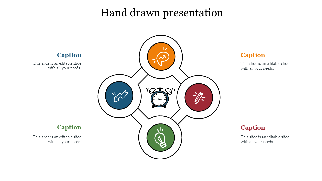 Hand drawn style PowerPoint slide with colorful icons for growth, clock, pencil, and lightbulb, each with captions.