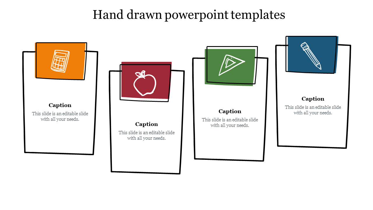 Hand drawn slide featuring four sketch style rectangles with icons and captions.